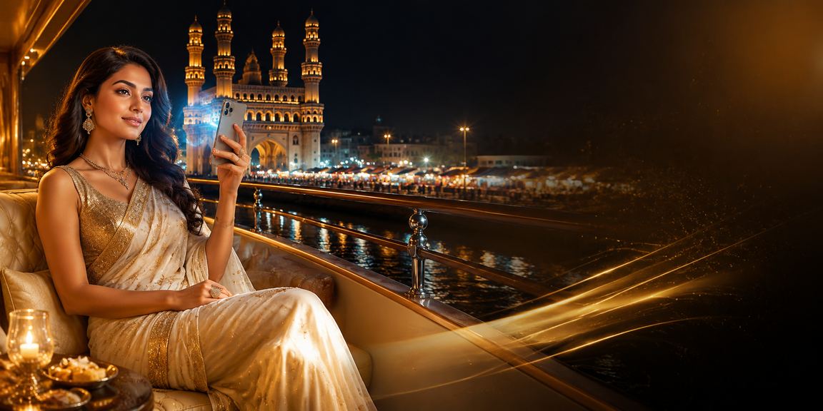 Indian woman in saree around Charminar Hyderabad using mobile for betting