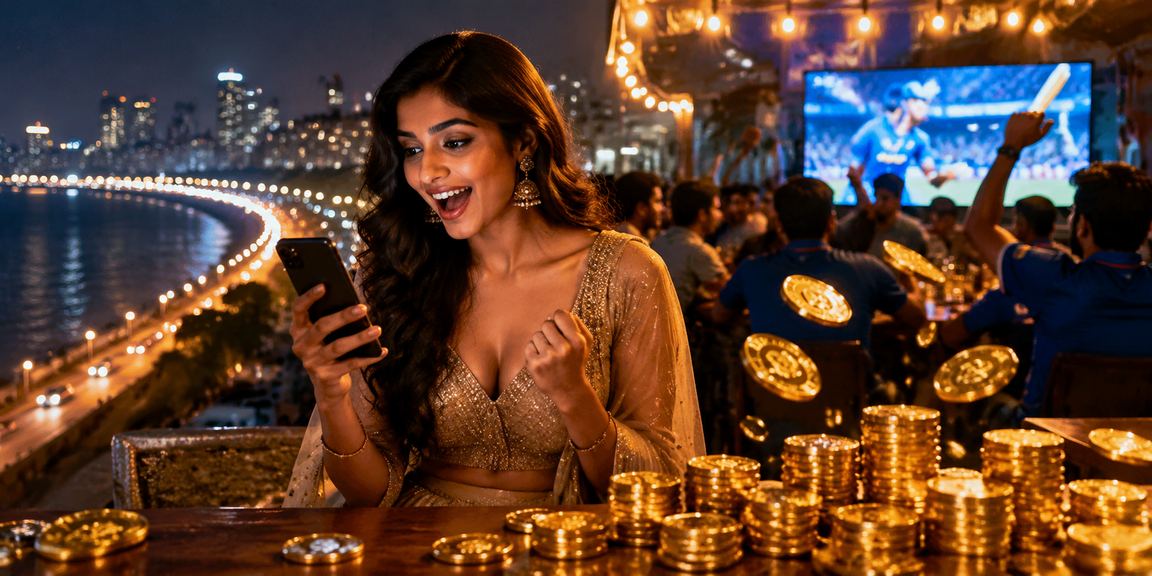 Woman playing live dealer casino game on mobile at Mumbai Marine Drive